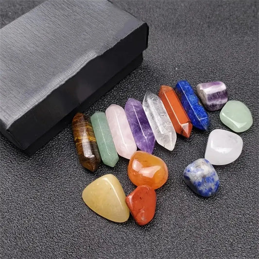 14pcs Quartz Crystal Point Set – Hexagon Chakra Healing Stones for Meditation & Decor